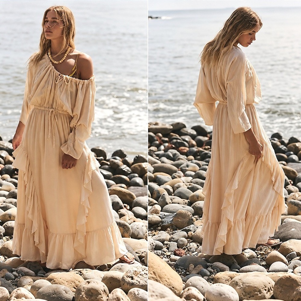 Free People Shore Chic Maxi Dress Boho Cream Off Shoulder Ruffle L/G NEW